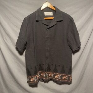 Abercrombie & Fitch Mens XS Black Linen Blend Embroidered Short Sleeve Shirt